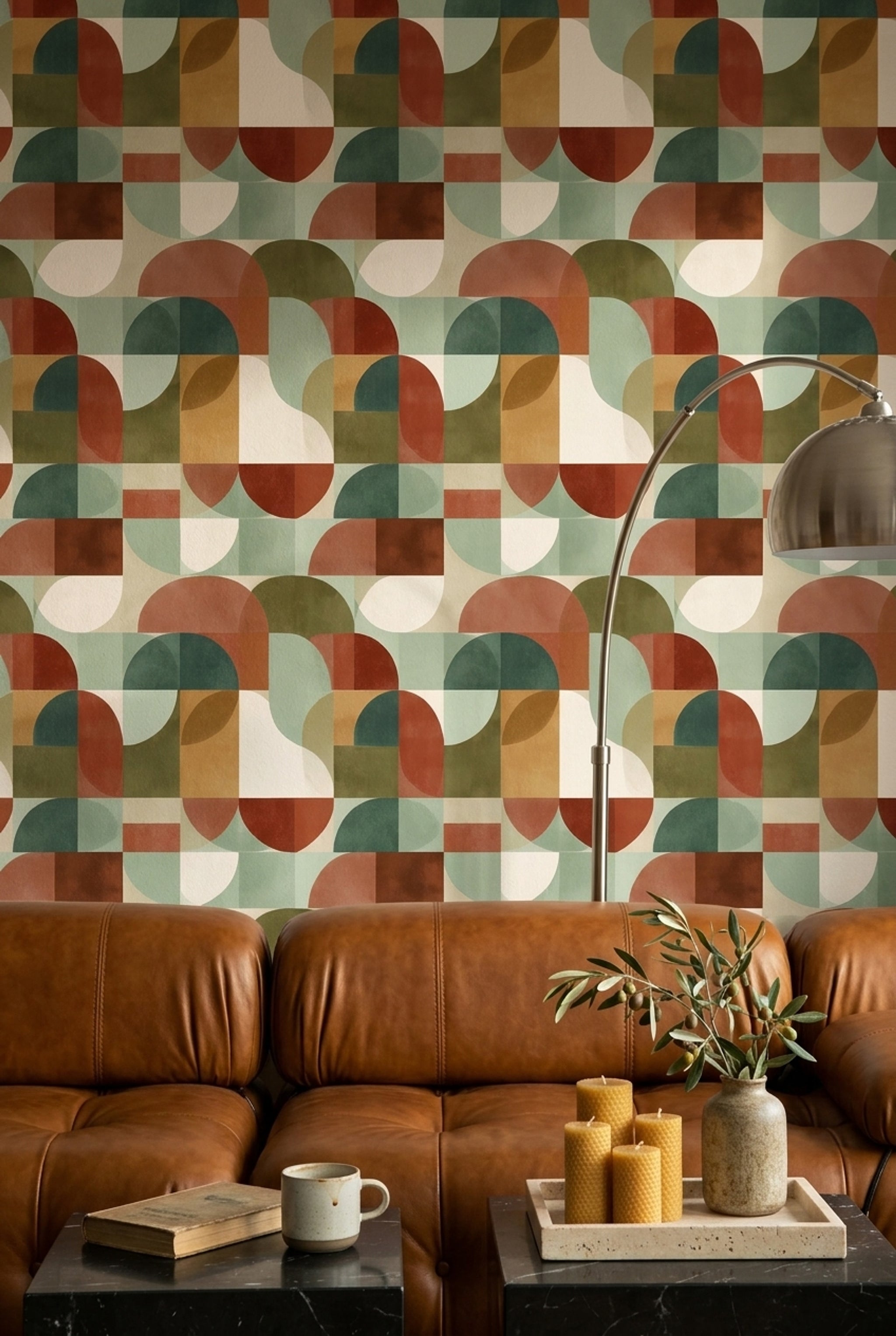 Retro Geometrik Duvar Kağıdı Yeşil Kiremit Renkli Desenli Salon