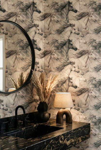 Siyah Beyaz Koşan At Desenli Duvar Kağıdı Salon