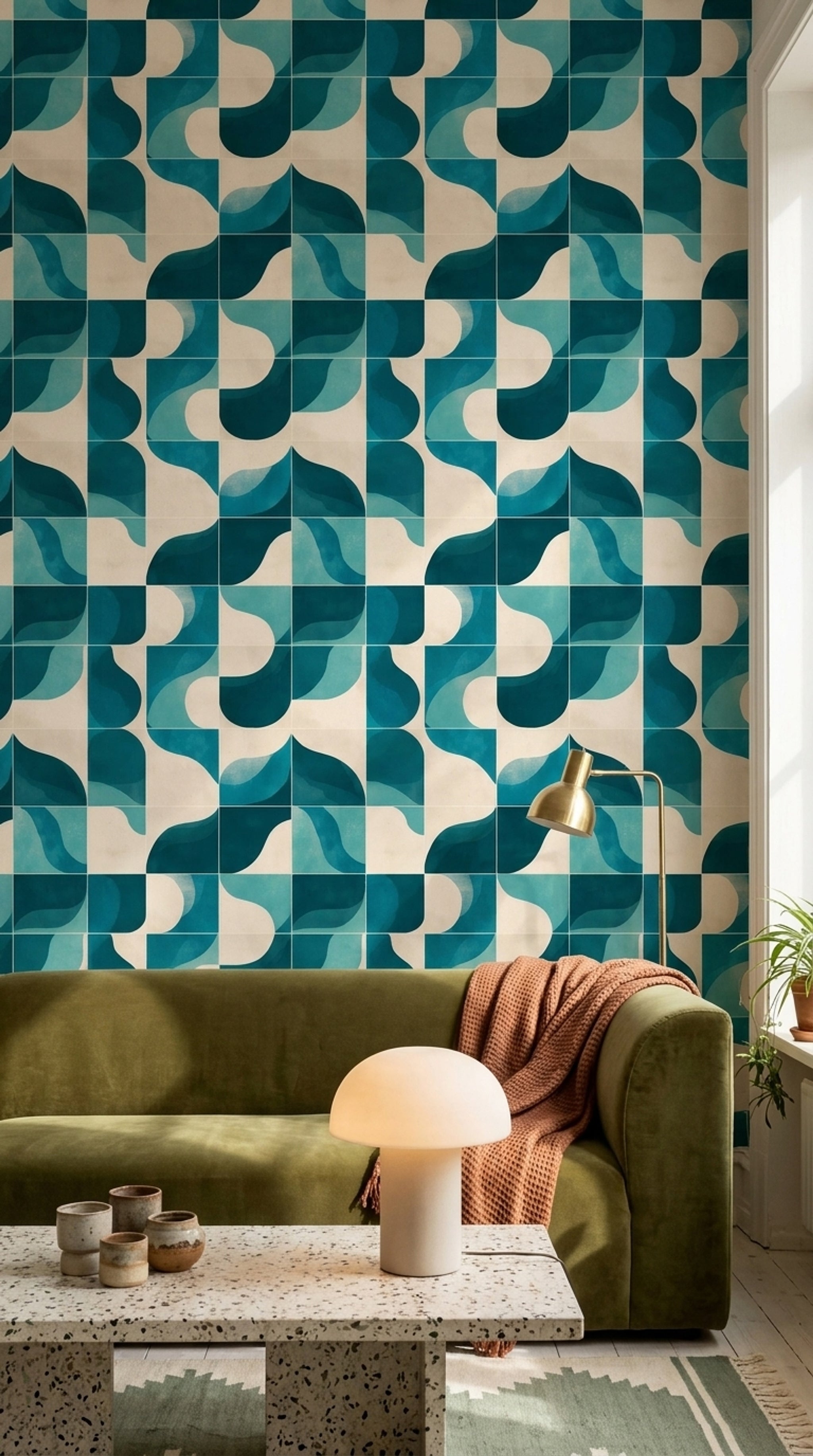 Geometrik Kavisli Desenli Duvar Kağıdı Turkuaz Salon Dekoru