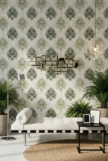 Yeşil Damask Desenli Duvar Kağıdı Klasik Yatak Odası