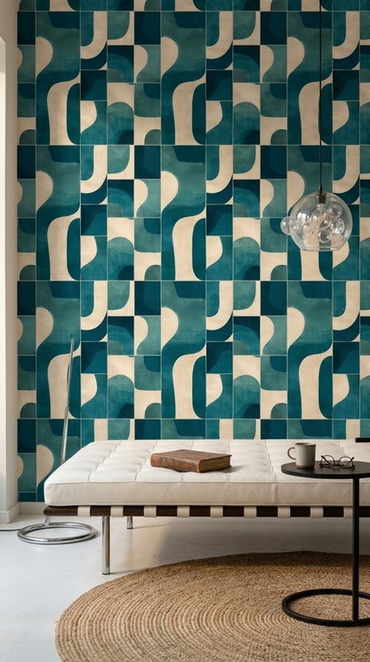 Geometrik Kavisli Duvar Kağıdı Turkuaz Krem Modern Salon