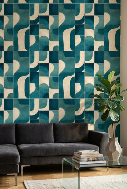 Geometrik Kavisli Duvar Kağıdı Turkuaz Krem Modern Salon