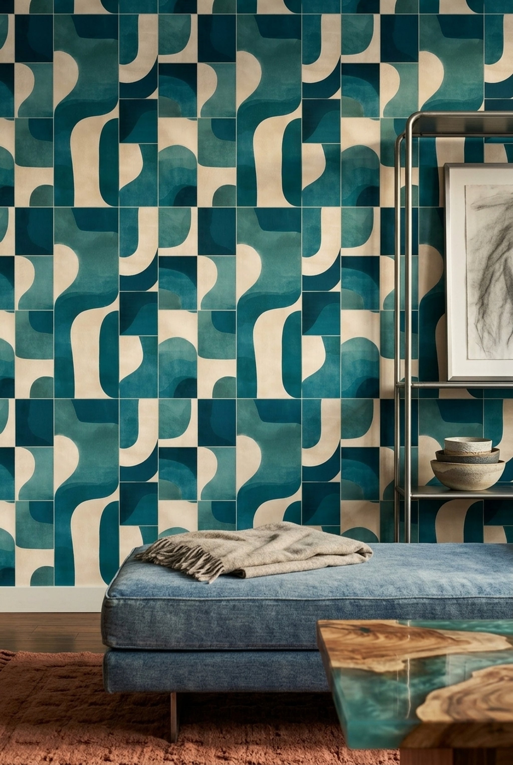 Geometrik Kavisli Duvar Kağıdı Turkuaz Krem Modern Salon