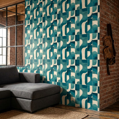 Geometrik Kavisli Duvar Kağıdı Turkuaz Krem Modern Salon