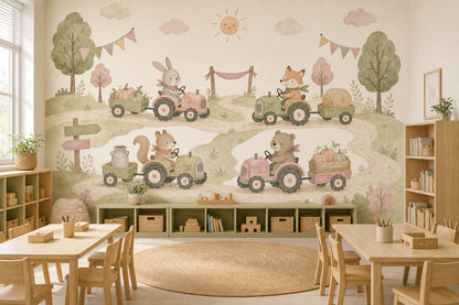 Çiftlik Hayvanlı Poster Duvar Kağıdı Pastel Yeşil Çocuk Odası