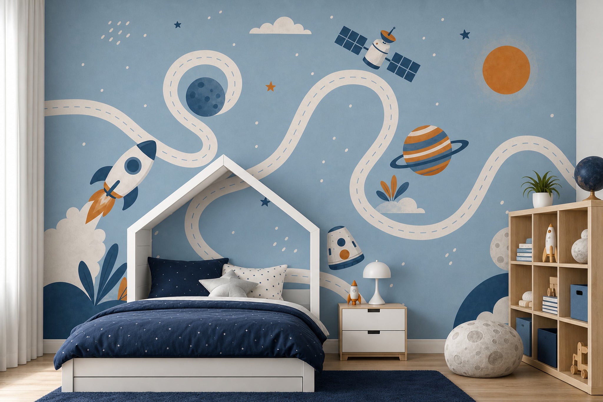 Uzay Roketli Poster Duvar Kağıdı Mavi Çocuk Odası Deseni