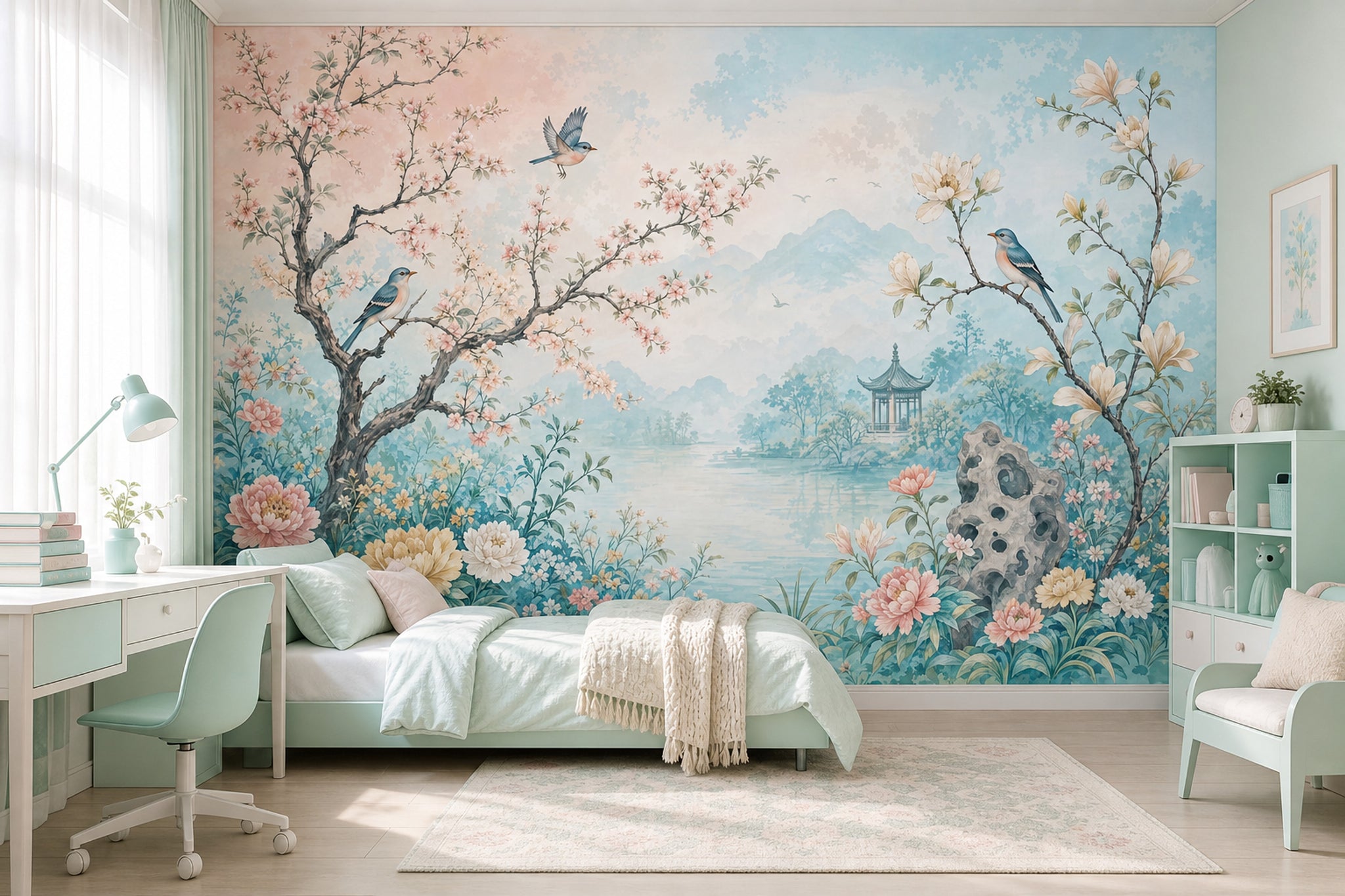 Çiçekli Kuşlu Poster Duvar Kağıdı Pastel Mavi Manzara