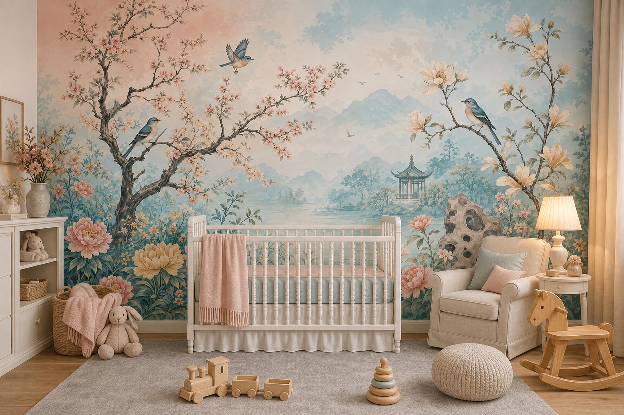Çiçekli Kuşlu Poster Duvar Kağıdı Pastel Mavi Manzara