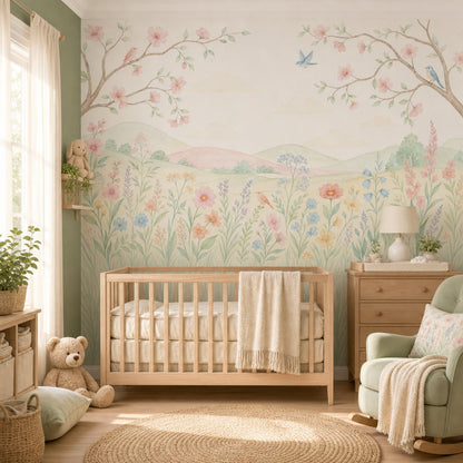 Pastel Çiçekli Kuşlu Poster Duvar Kağıdı Bebek Odası