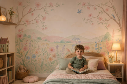 Pastel Çiçekli Kuşlu Poster Duvar Kağıdı Bebek Odası
