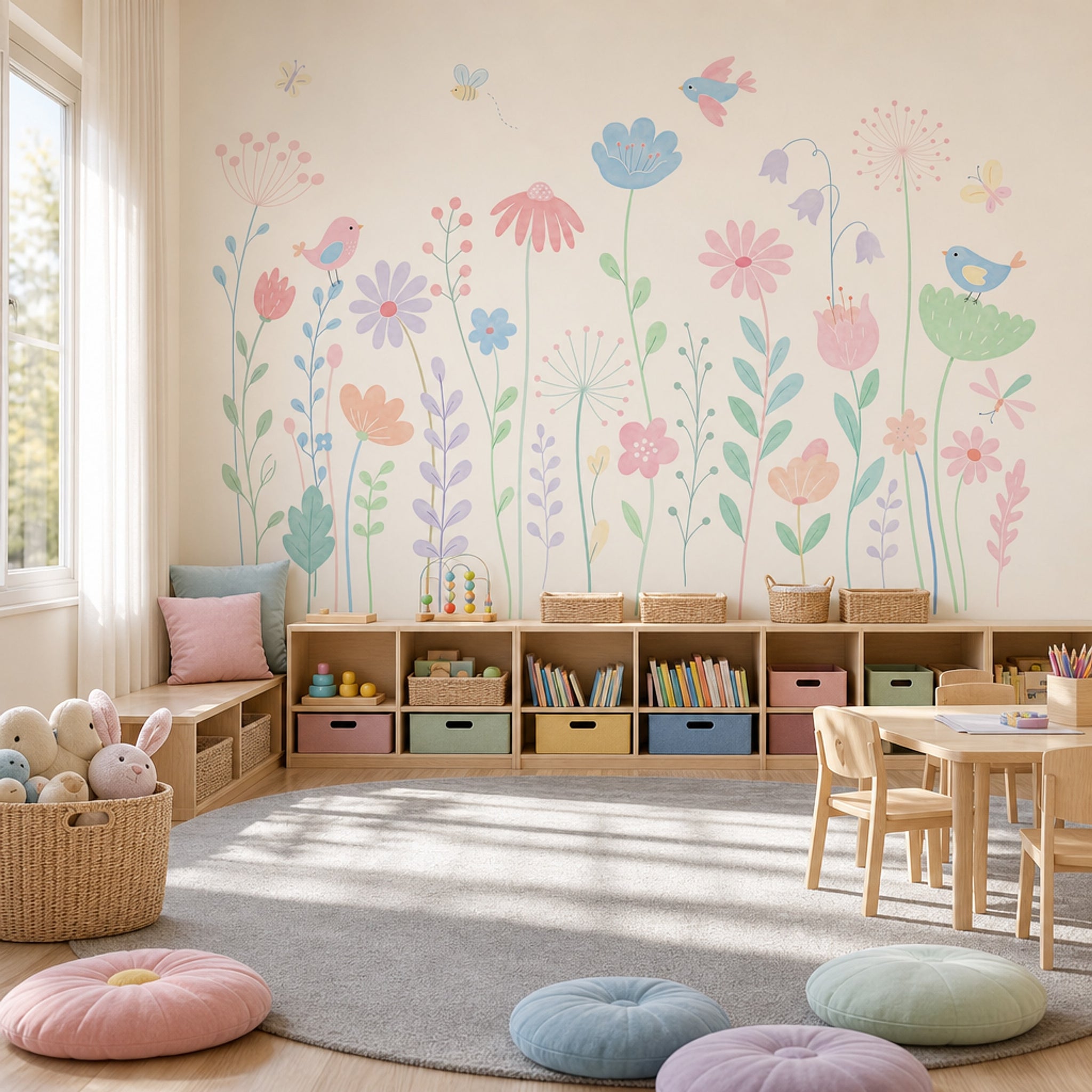 Pastel Çiçek ve Kuşlu Poster Duvar Kağıdı Çocuk Odası