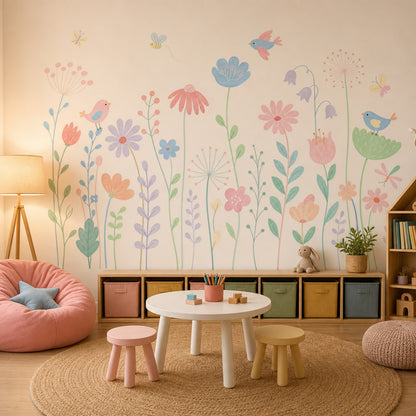 Pastel Çiçek ve Kuşlu Poster Duvar Kağıdı Çocuk Odası