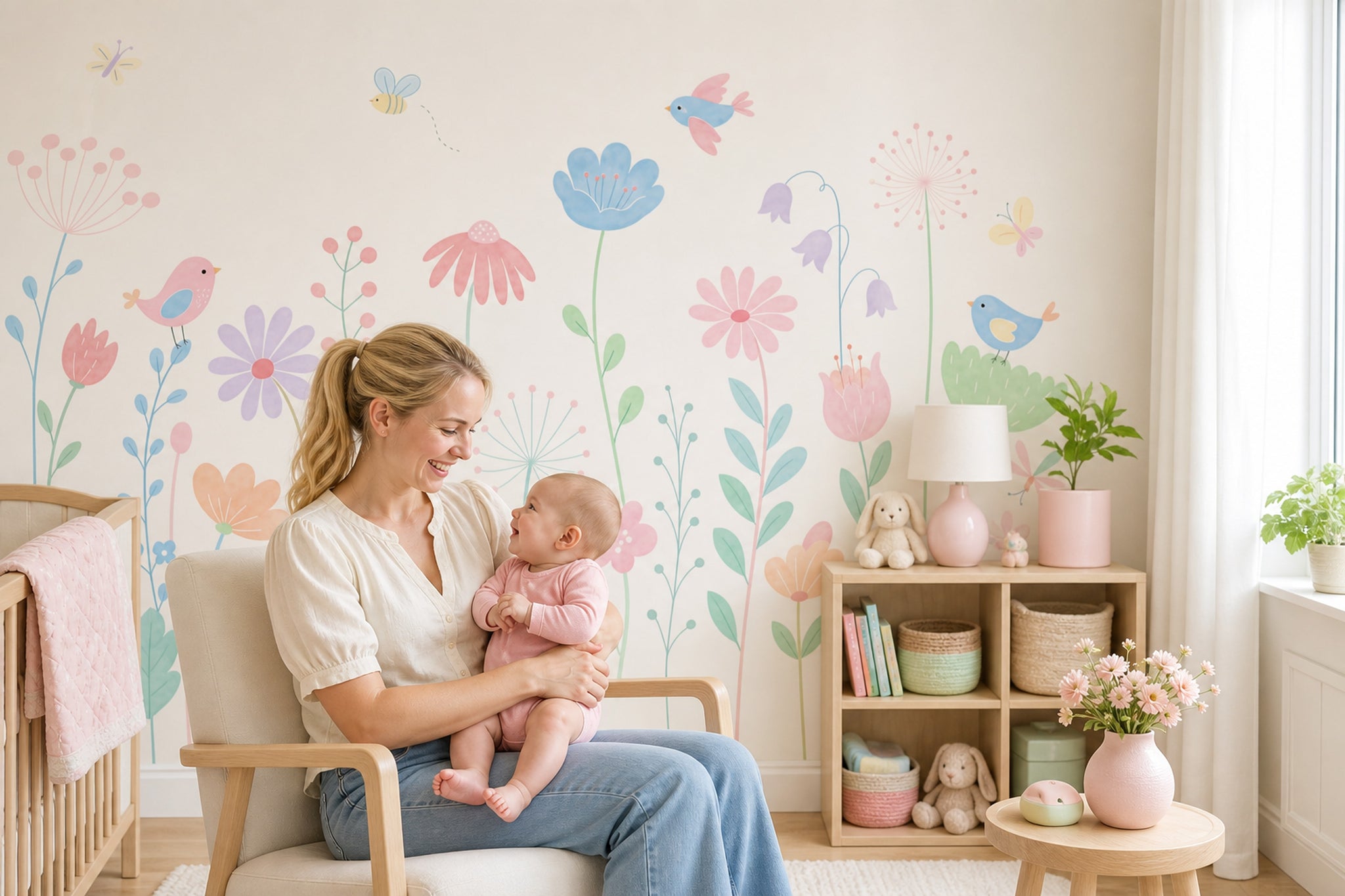 Pastel Çiçek ve Kuşlu Poster Duvar Kağıdı Çocuk Odası
