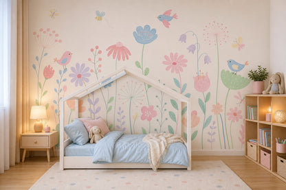 Pastel Çiçek ve Kuşlu Poster Duvar Kağıdı Çocuk Odası