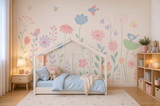 Pastel Çiçek ve Kuşlu Poster Duvar Kağıdı Çocuk Odası