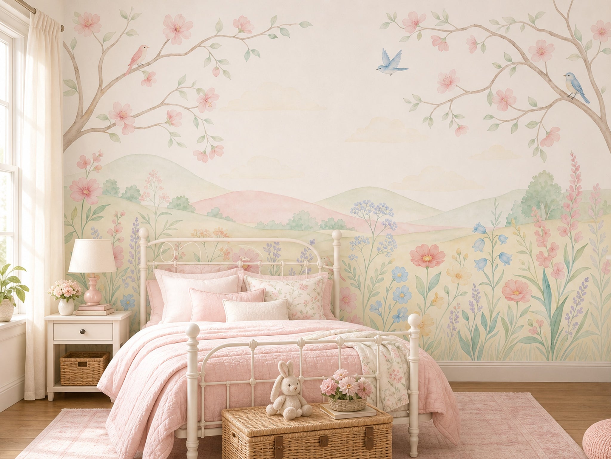 Pastel Çiçekli Kuşlu Poster Duvar Kağıdı Bebek Odası