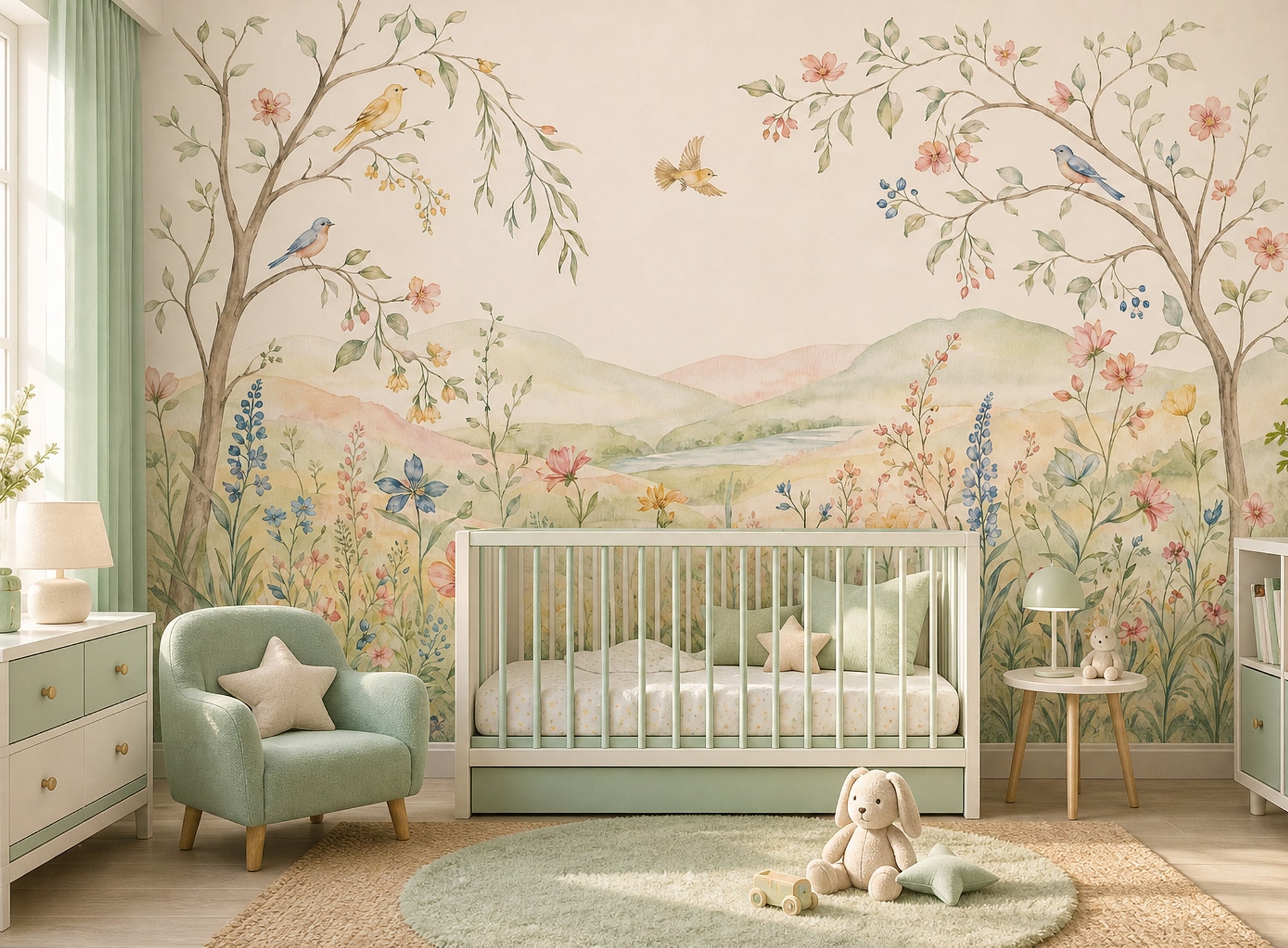 Kuşlu Çiçekli Poster Duvar Kağıdı Pastel Çocuk Odası Manzara
