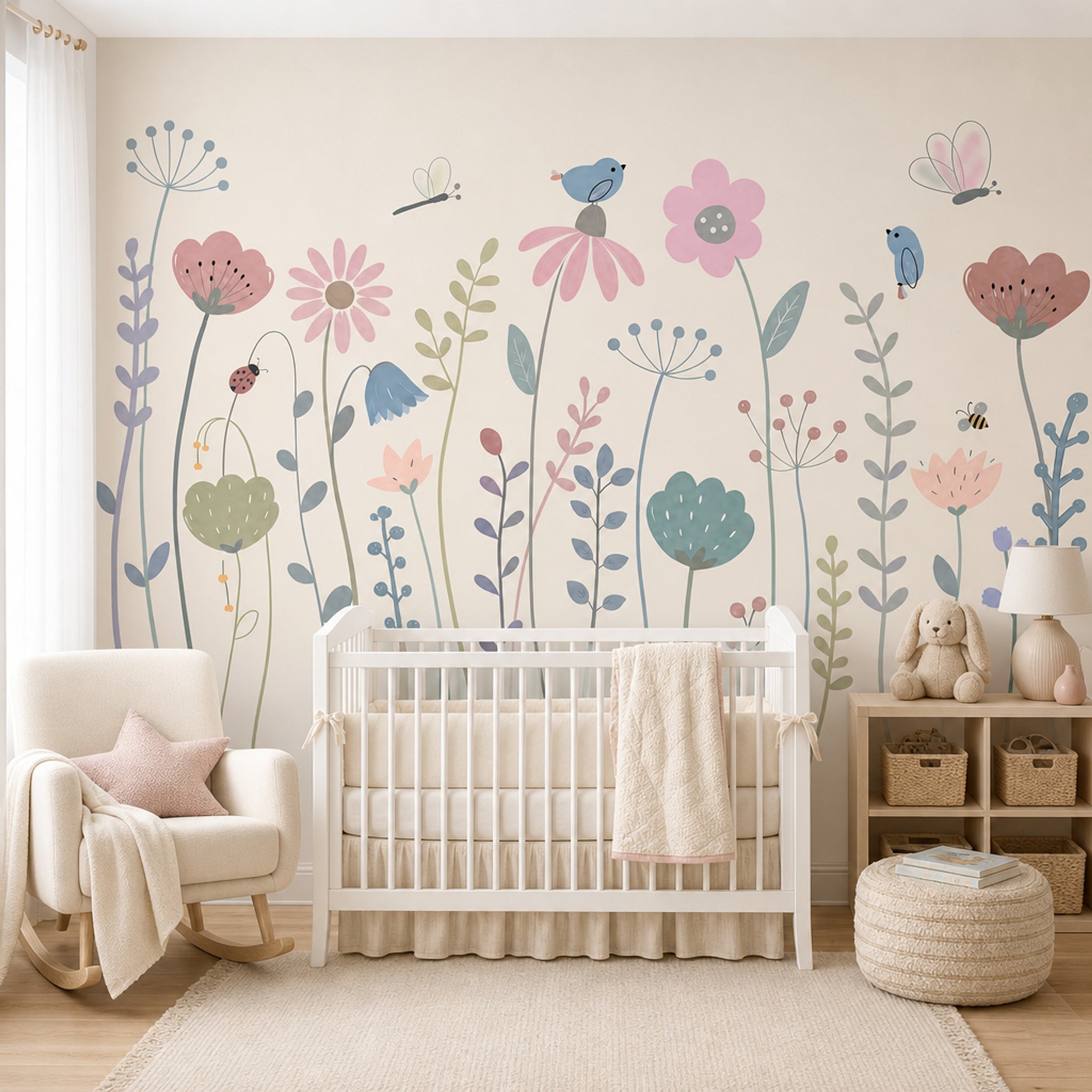 Pastel Çiçekli Kuşlu Poster Duvar Kağıdı Bebek Odası