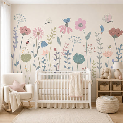 Pastel Çiçekli Kuşlu Poster Duvar Kağıdı Bebek Odası