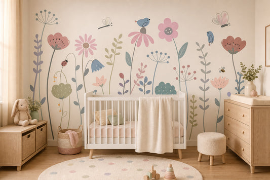 Pastel Çiçekli Kuşlu Poster Duvar Kağıdı Bebek Odası