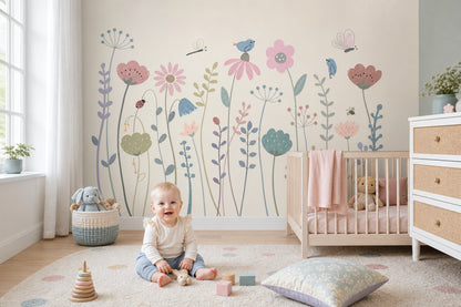 Pastel Çiçekli Kuşlu Poster Duvar Kağıdı Bebek Odası