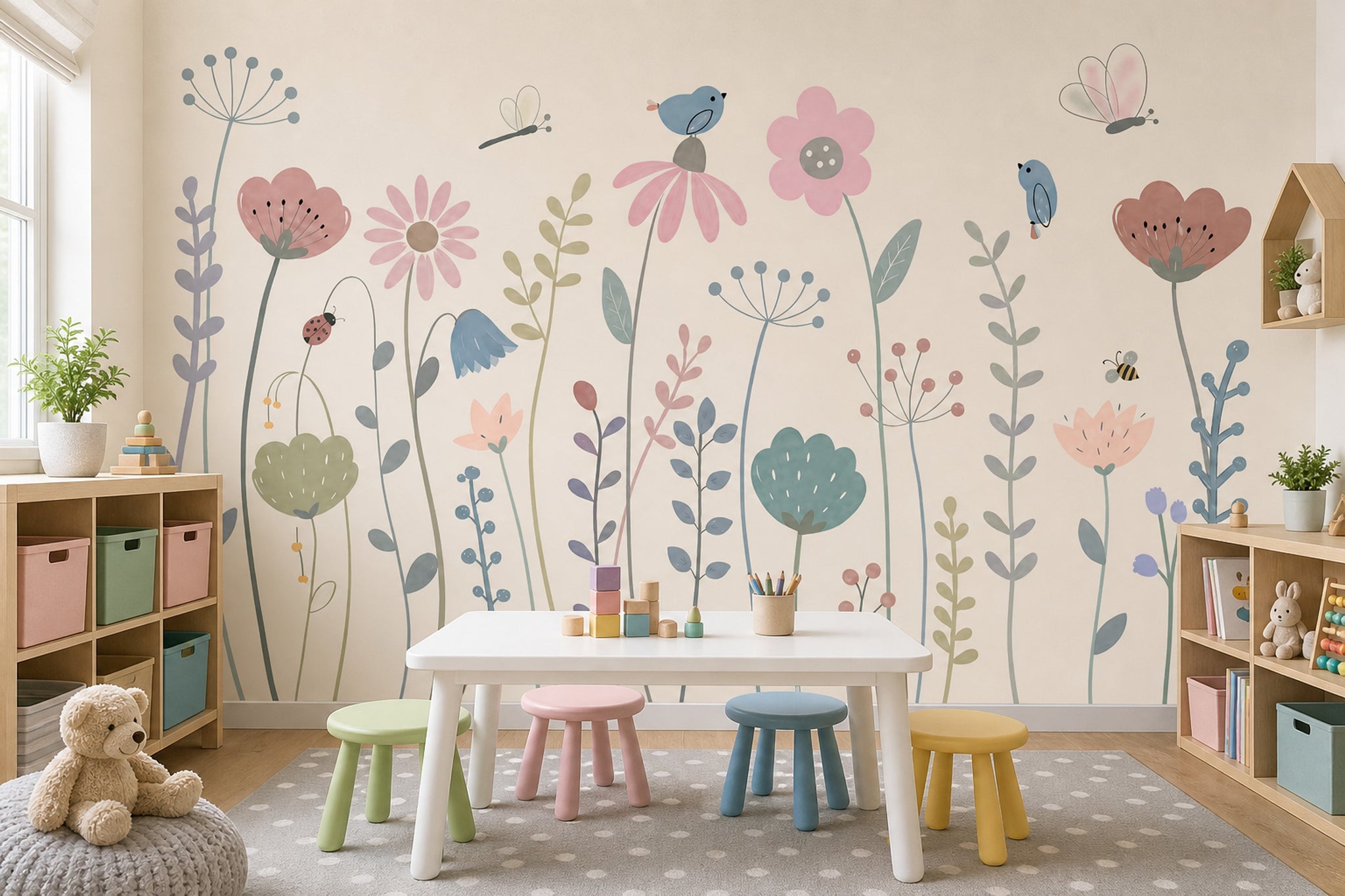 Pastel Çiçekli Kuşlu Poster Duvar Kağıdı Bebek Odası