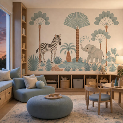 Safari Hayvanlı Poster Duvar Kağıdı Pastel Çocuk Odası Desenli