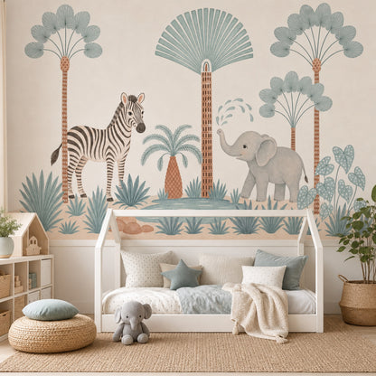 Safari Hayvanlı Poster Duvar Kağıdı Pastel Çocuk Odası Desenli