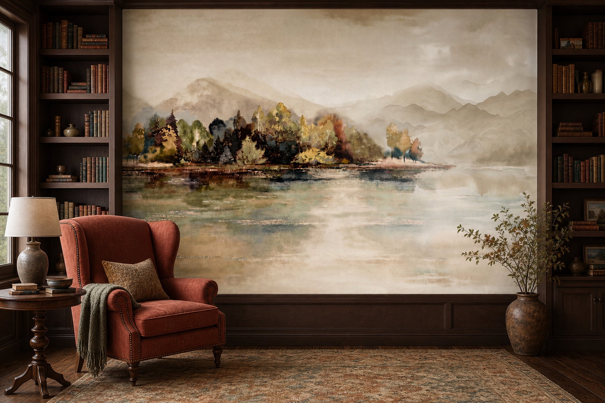 Suluboya Dağ ve Göl Manzaralı Poster Duvar Kağıdı Bej