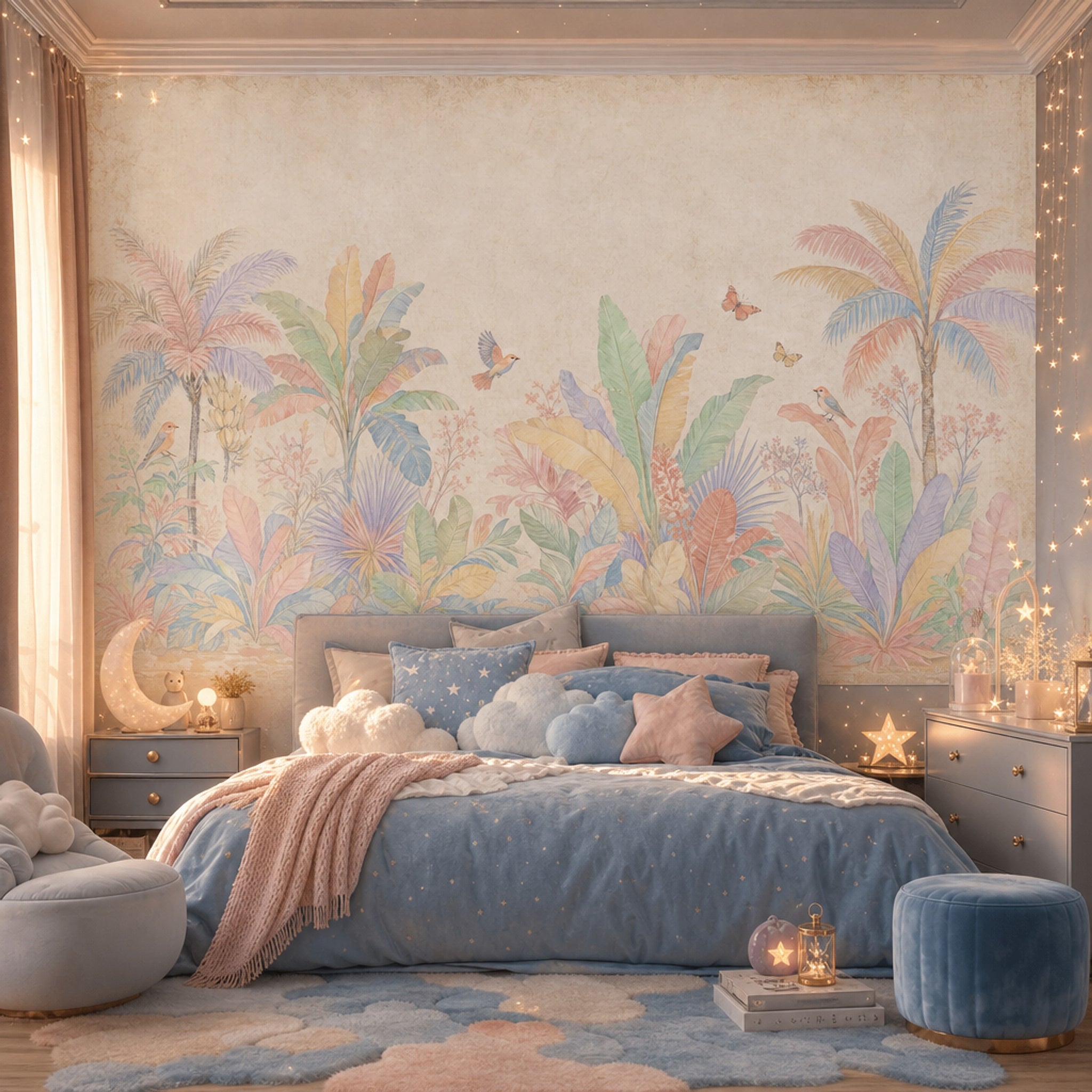 Pastel Tropikal Yapraklı Poster Duvar Kağıdı Çocuk Odası