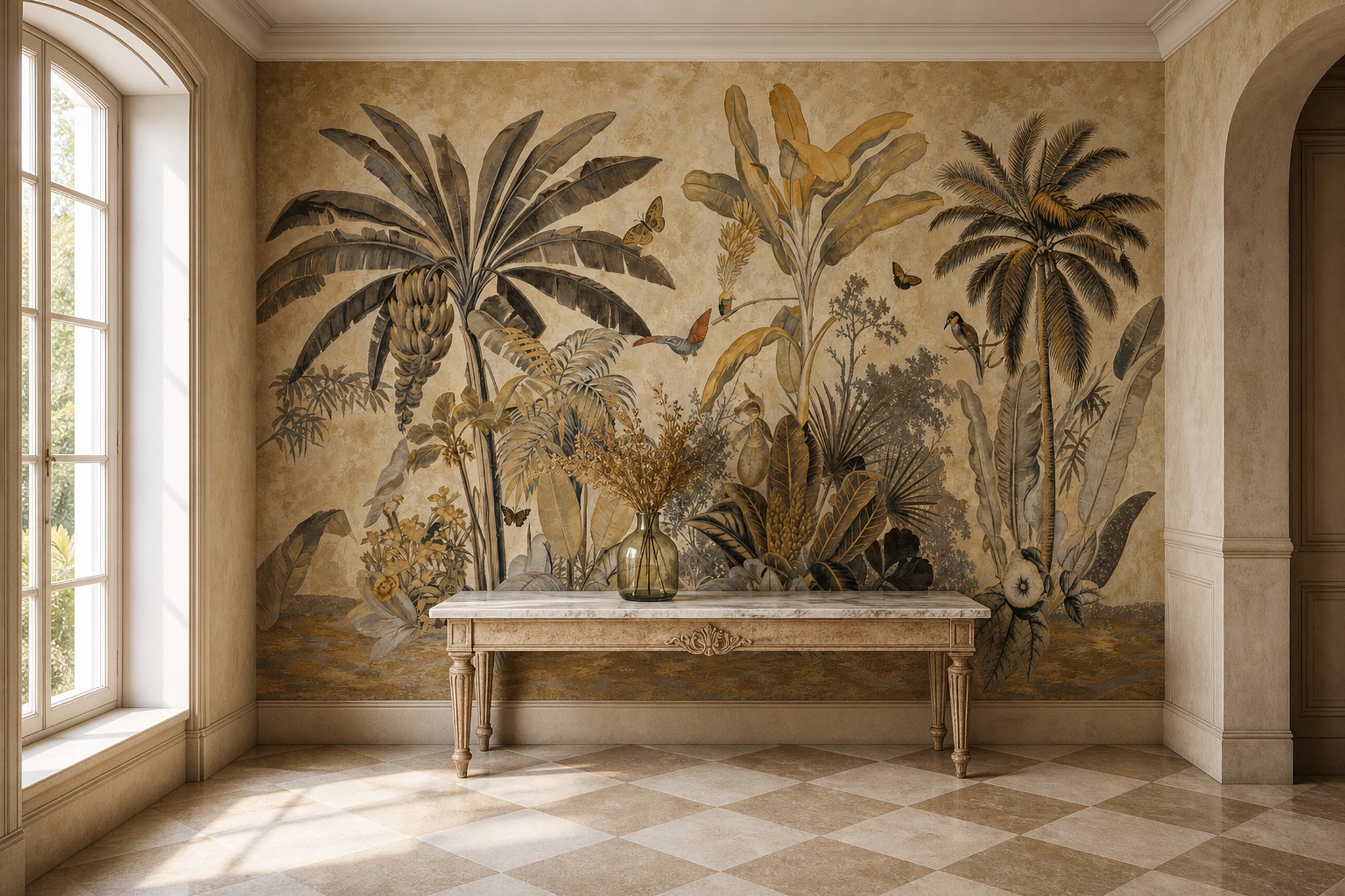 Tropikal Palmiye ve Kuşlu Poster Duvar Kağıdı Bej Salon