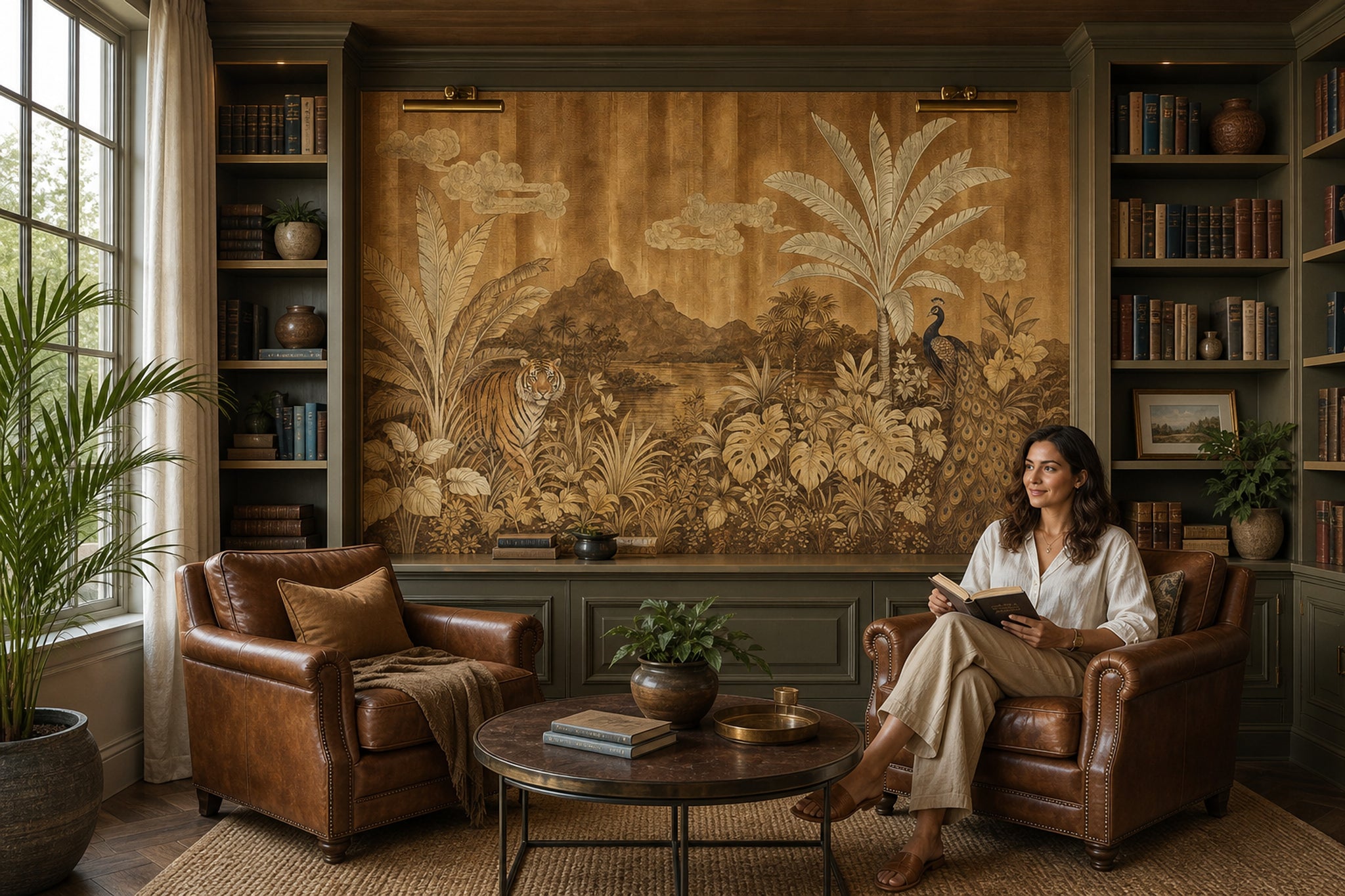 Kaplan ve Tavus Kuşlu Poster Duvar Kağıdı Bej Salon