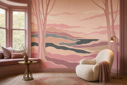 Pastel Manzara Poster Duvar Kağıdı Pembe Tonlu Salon