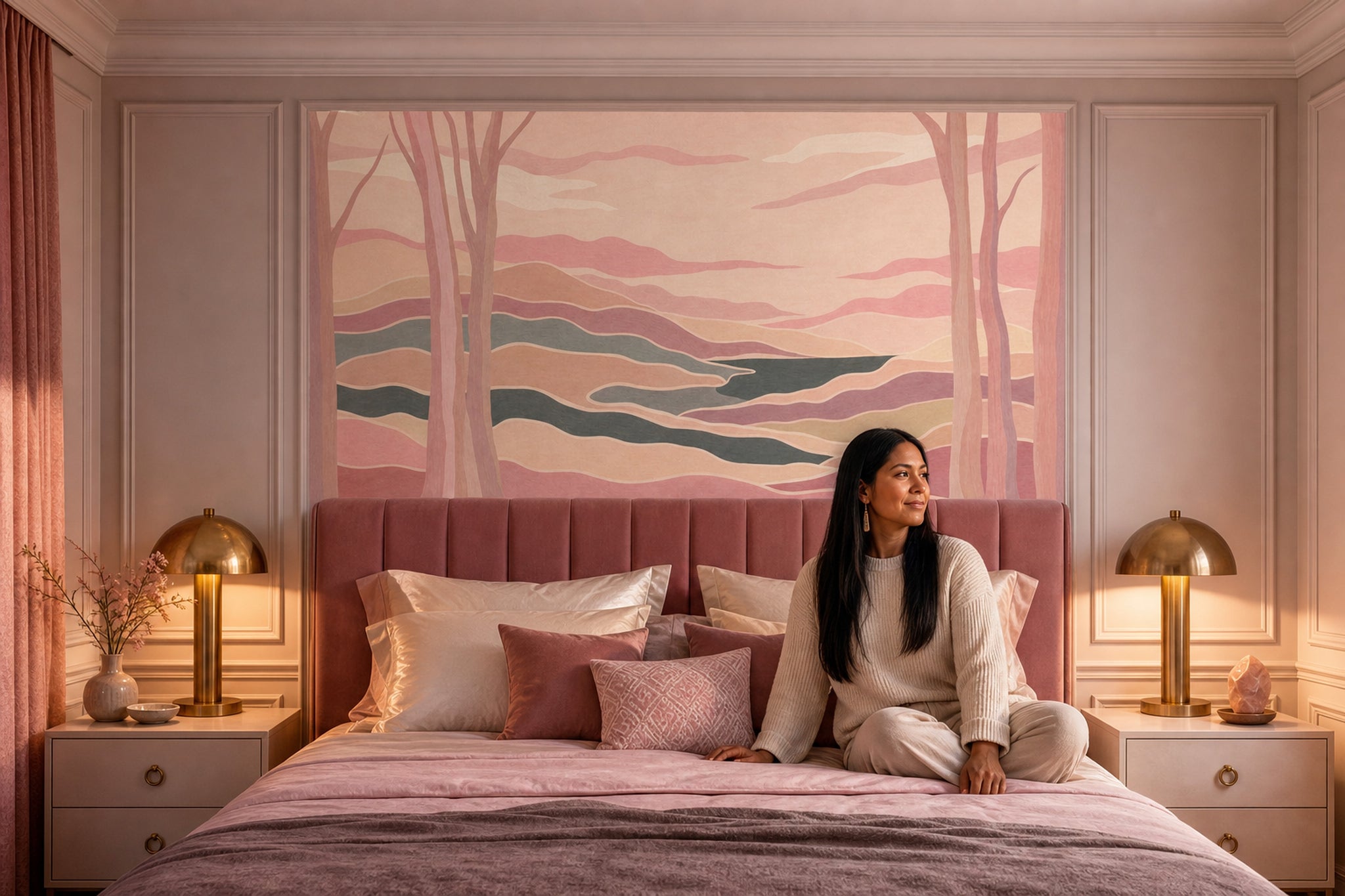Pastel Manzara Poster Duvar Kağıdı Pembe Tonlu Salon