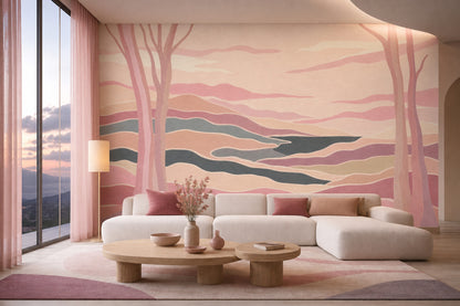 Pastel Manzara Poster Duvar Kağıdı Pembe Tonlu Salon