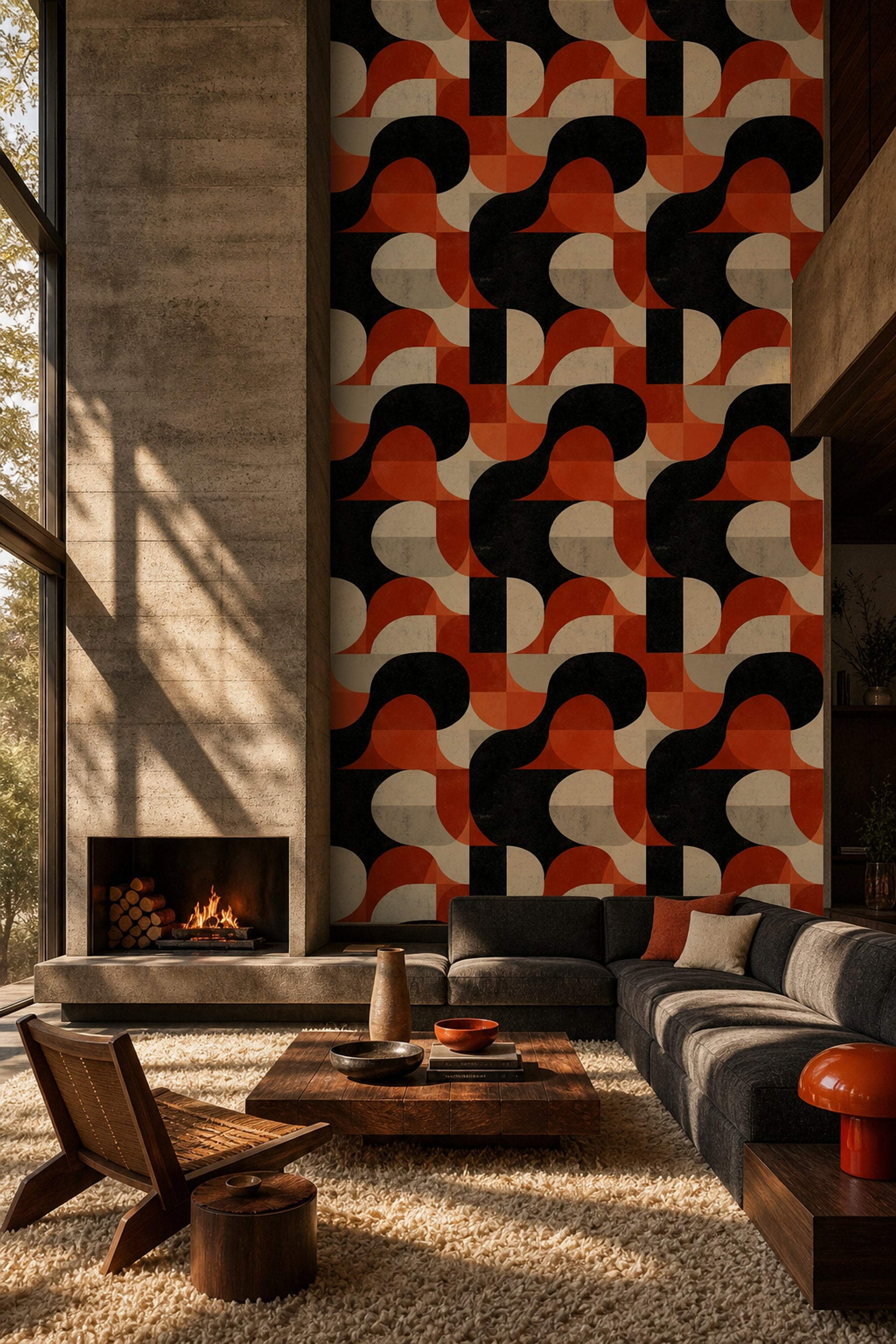 Retro Geometrik Duvar Kağıdı Turuncu Siyah Desenli Mutfak