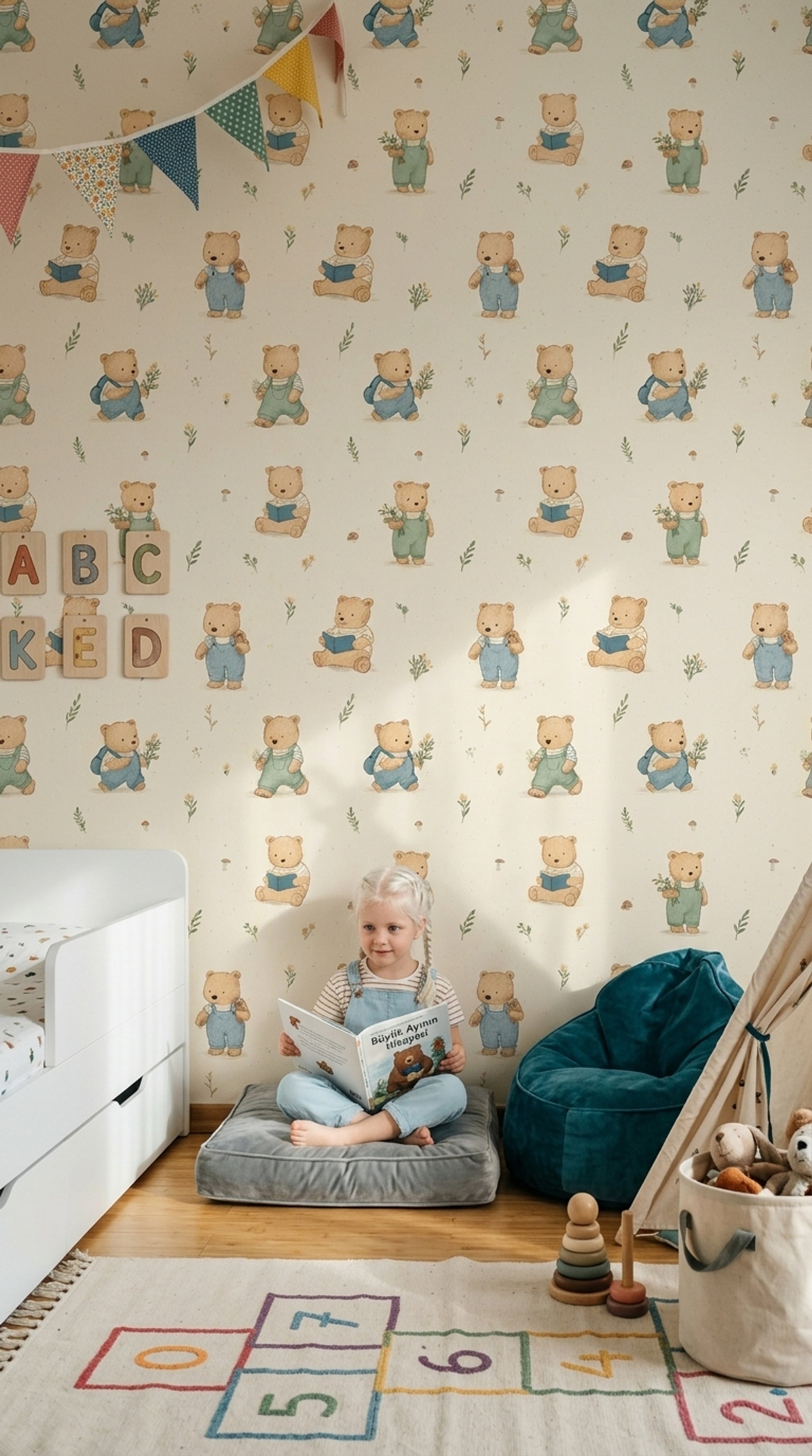 Ayıcık Desenli Duvar Kağıdı Pastel Bej Çocuk Odası