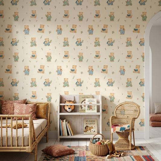Ayıcık Desenli Duvar Kağıdı Pastel Bej Çocuk Odası
