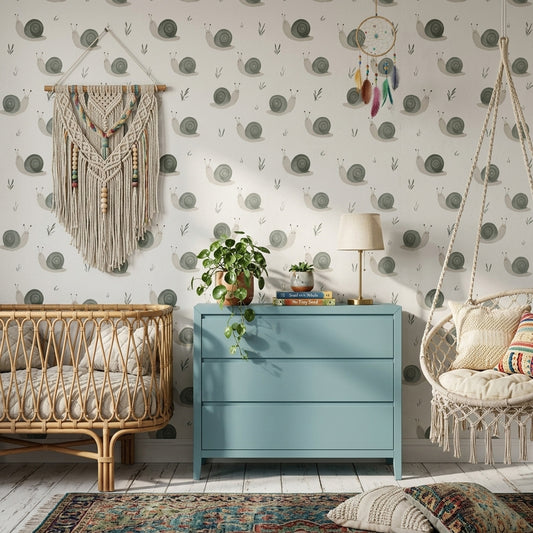 Sevimli Salyangoz Desenli Duvar Kağıdı Yeşil Çocuk Odası