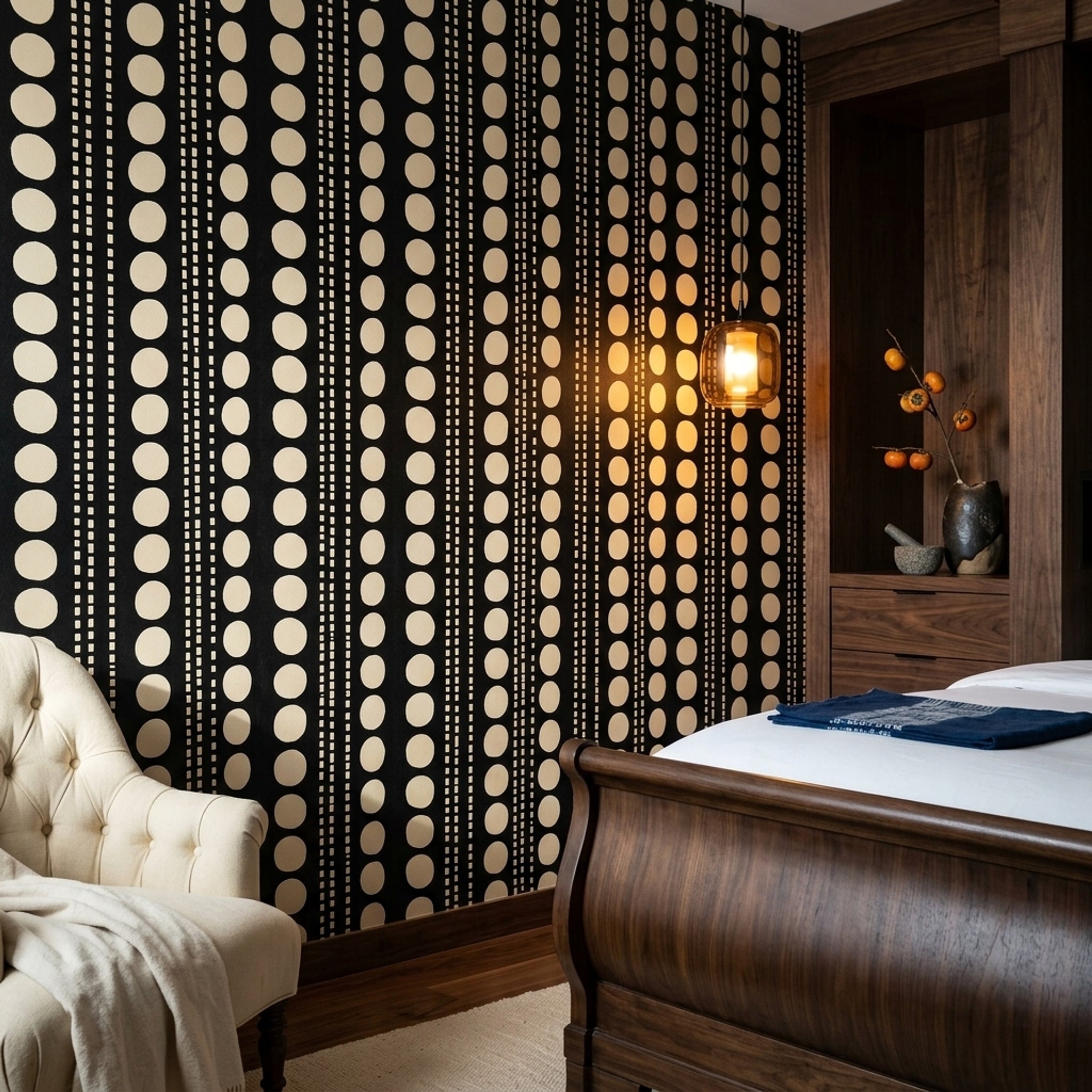 Geometrik Nokta Desenli Duvar Kağıdı Siyah Bej Salon