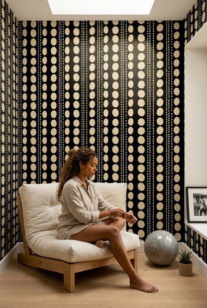 Geometrik Nokta Desenli Duvar Kağıdı Siyah Bej Salon