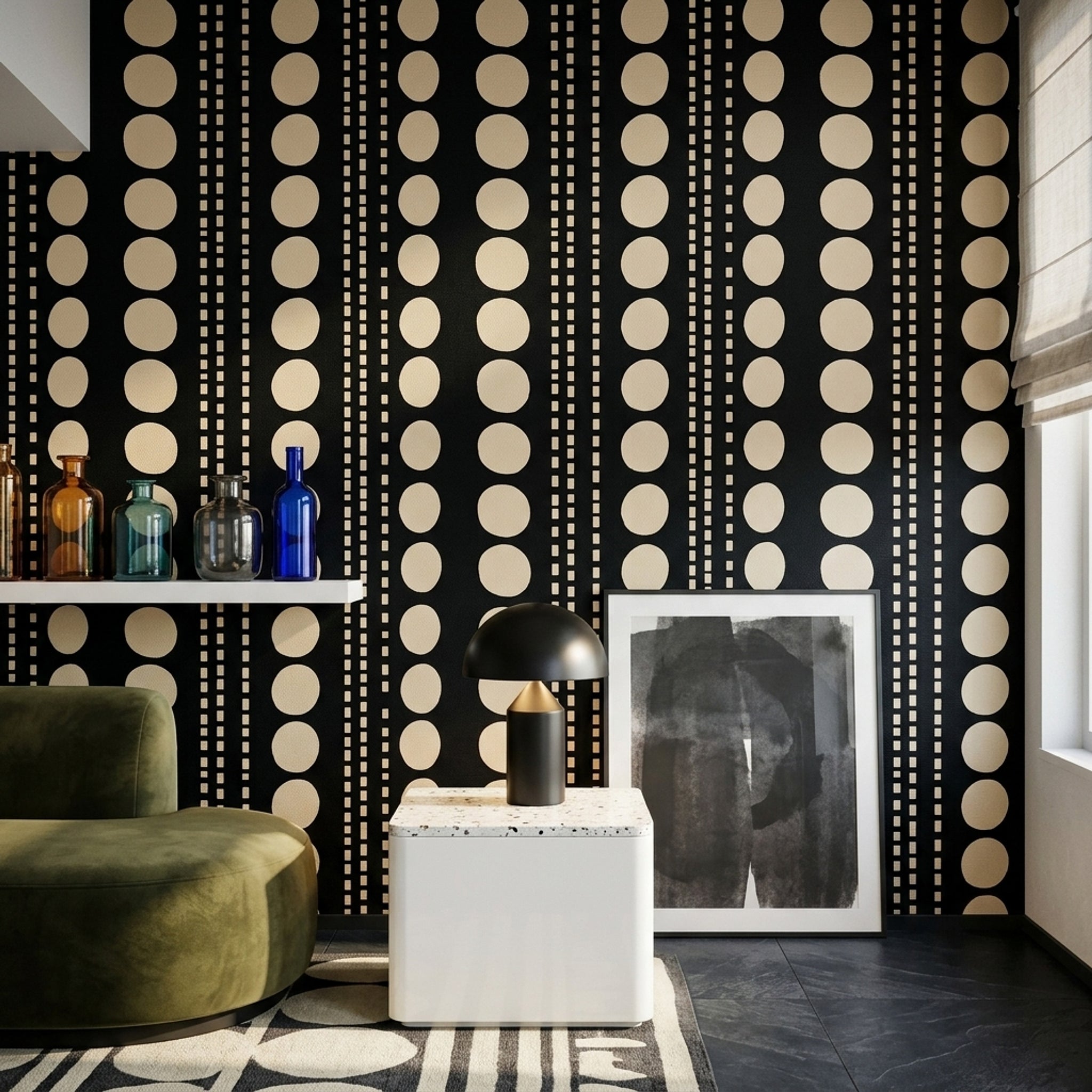 Geometrik Nokta Desenli Duvar Kağıdı Siyah Bej Salon