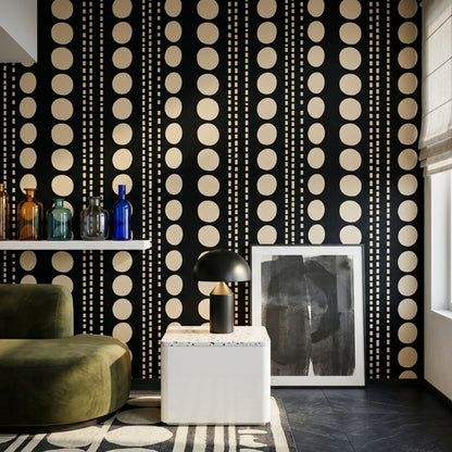 Geometrik Nokta Desenli Duvar Kağıdı Siyah Bej Salon