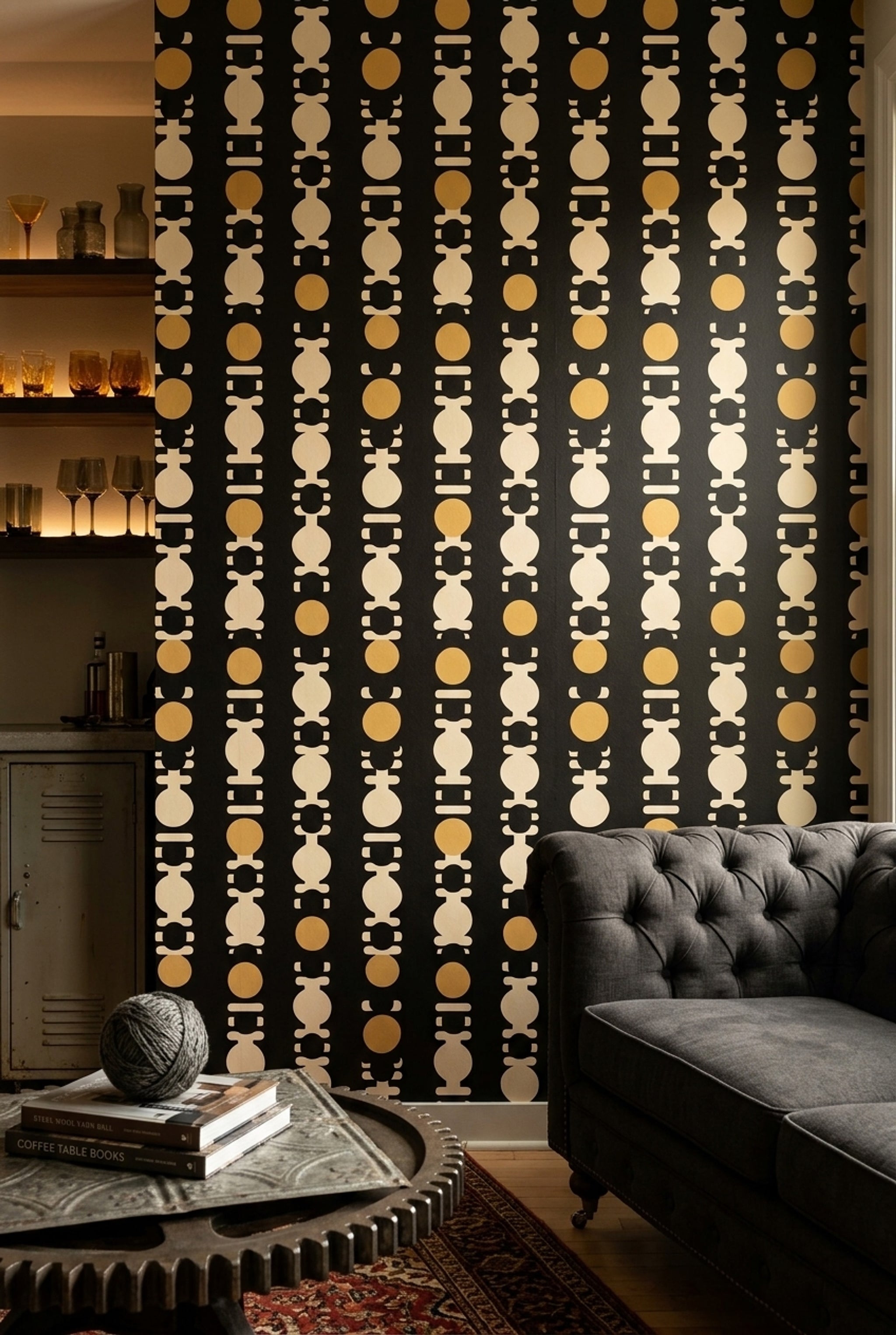 Geometrik Sıralı Motifli Duvar Kağıdı Siyah Bej Modern