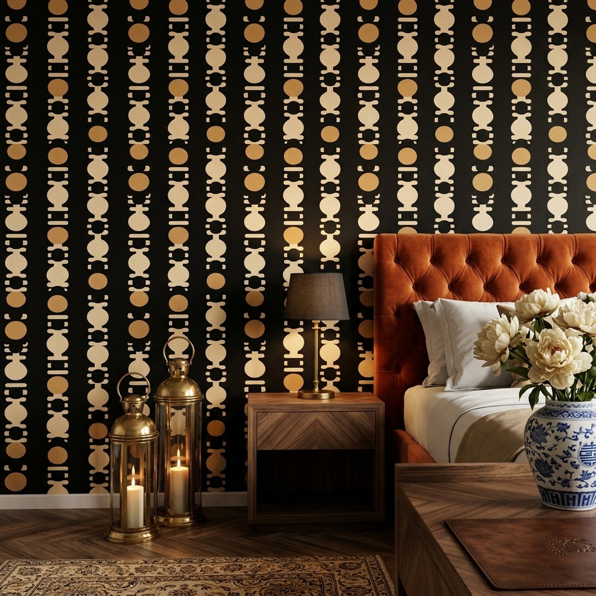 Geometrik Sıralı Motifli Duvar Kağıdı Siyah Bej Modern