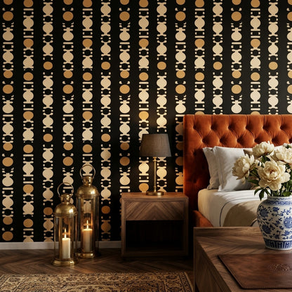 Geometrik Sıralı Motifli Duvar Kağıdı Siyah Bej Modern