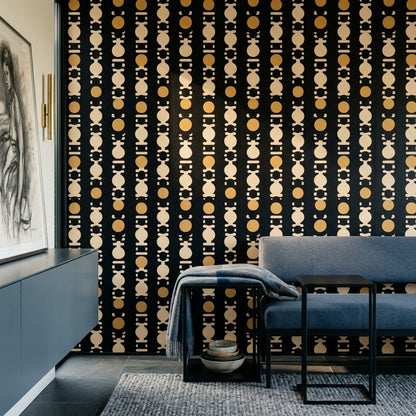 Geometrik Sıralı Motifli Duvar Kağıdı Siyah Bej Modern