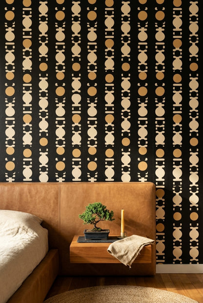 Geometrik Sıralı Motifli Duvar Kağıdı Siyah Bej Modern