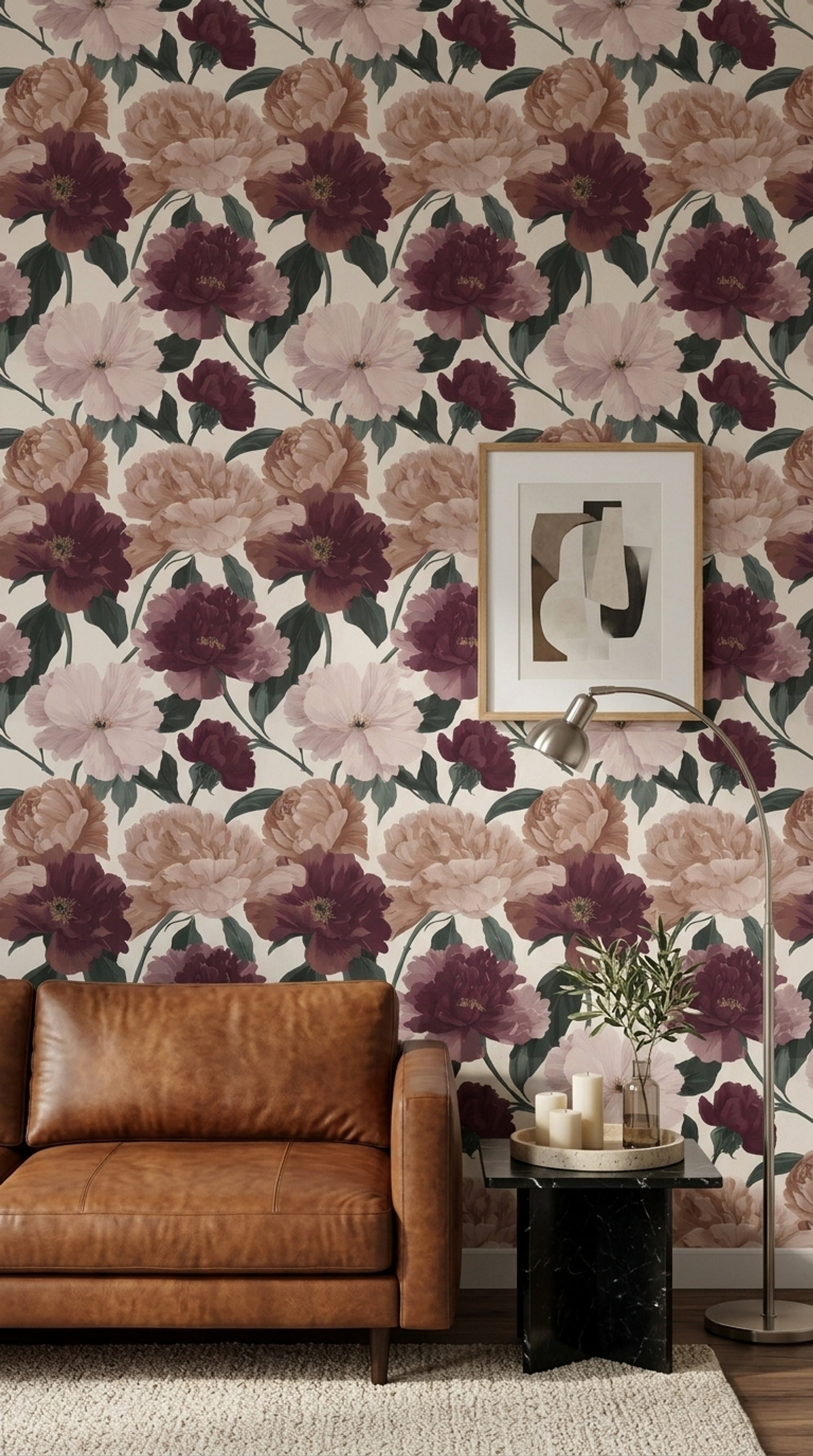 Büyük Çiçek Desenli Duvar Kağıdı Bordo Bej Salon
