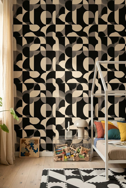 Siyah Beyaz Geometrik Duvar Kağıdı Modern Salon Desenli